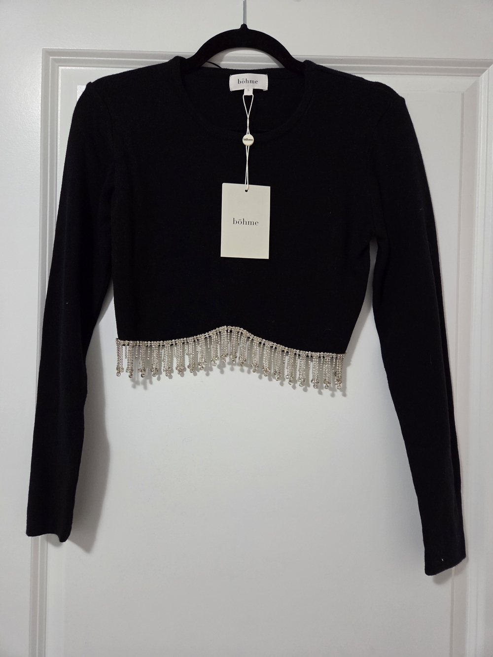 bohme Black Cropped Crewneck Sweater with Silver Beaded Fringe